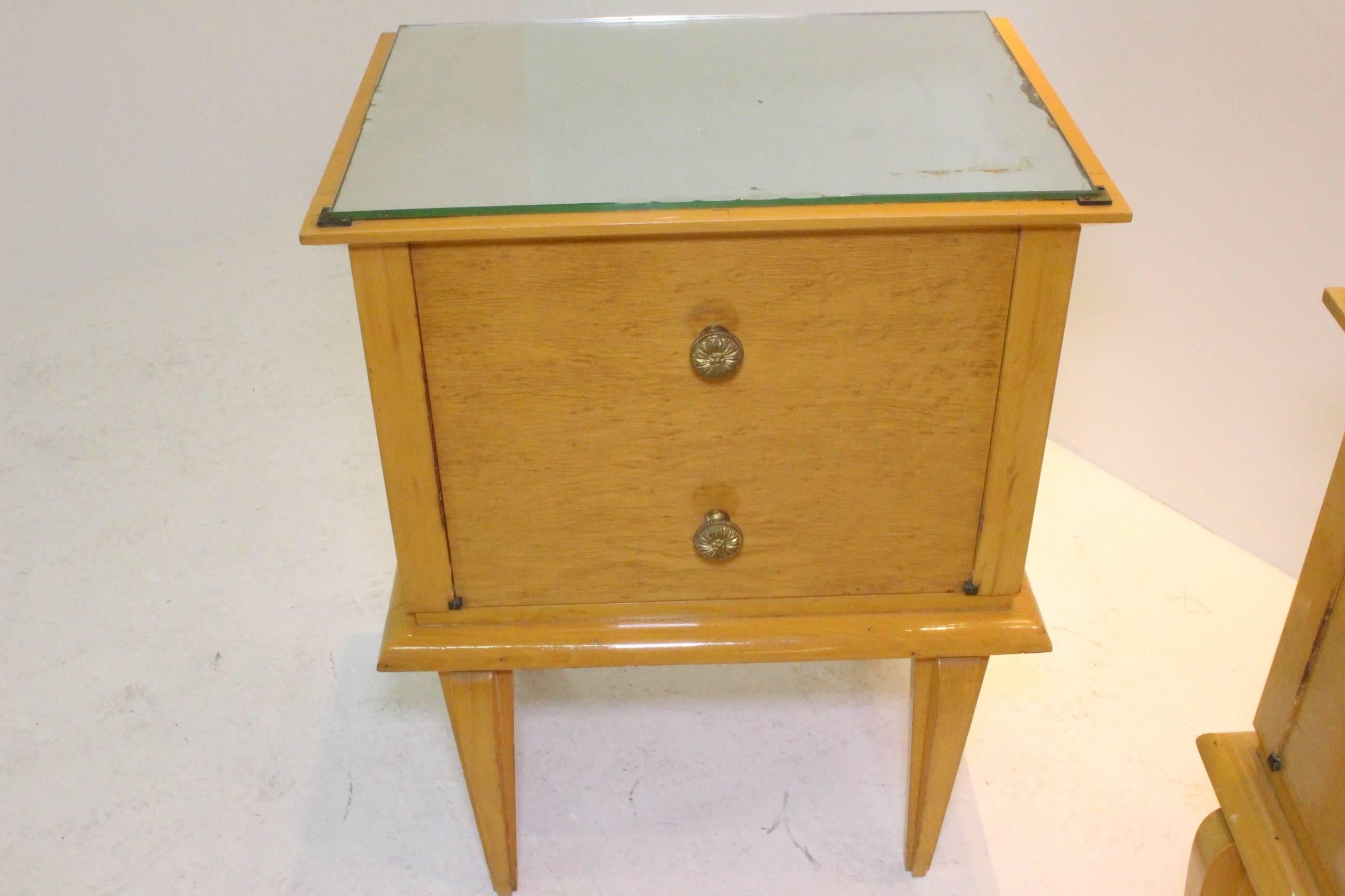 French Moderne Beechwood Nightstands with Mirror Tops 3