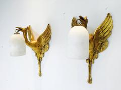 Fabulous Deco Crane Sconces, Gilded with Alabaster Shades