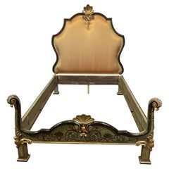 Lit italien ancien, motifs floraux peints à la main, vert et or, 1880