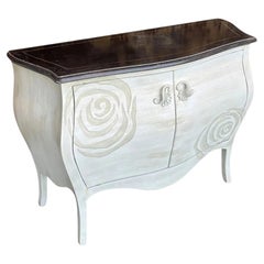 Italian Hand-Painted Commode with Rose Motif, Antiqued White, 1990