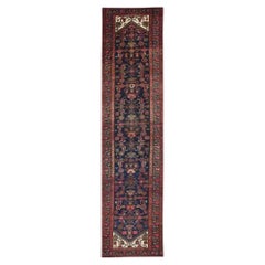 1940s Persian Bijar Wool Runner Rug, Hand-Knotted Geometric Carpet, 3′6″ × 16′0″