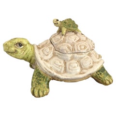 Italian Hand-Painted Ceramic Turtle Cookie Jar, Coastal Decor, 1990s