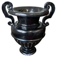1990s Large Italian Hand-Painted Black Ceramic Urn with Handles