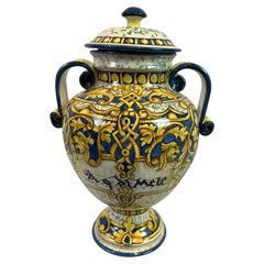 Italian Hand-Painted Blue Ceramic Urn with Scrolled Handles, 1990s