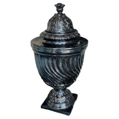 Italian Hand-Painted Black Ceramic Urn with Lid, 1990s, Decorative Art