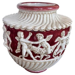 Italian Hand-Painted Ceramic Vase, Cherub Motif, Red & White, 1990s