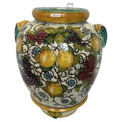 Large Italian Ceramic Vase, Hand-Painted Grape & Lemon Motif, 1990s
