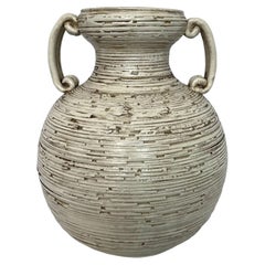 Italian Hand-Painted Cream Ceramic Vase with Two Handles, 1990s
