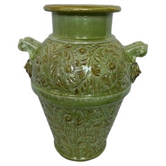 Italian Hand-Painted Green Ceramic Vase with Two Handles, 1990s
