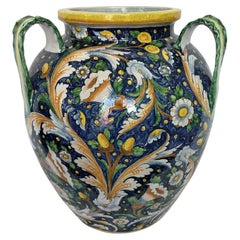 Italian Hand-Painted Ceramic Vase, Three Handles, Signed, 1990s, Italy