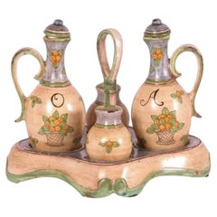 Italian Hand-Painted Ceramic Cestino Set, Oil & Vinegar Cruets, 1990s
