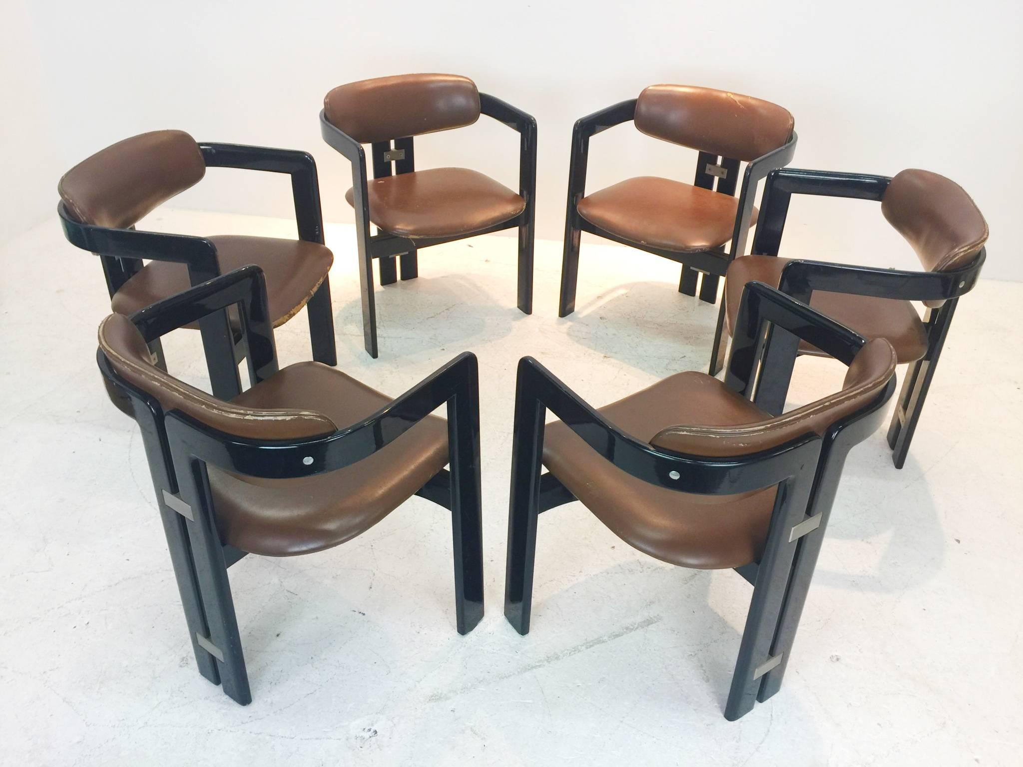 Set of six black lacquer Pamplona chair by Augusto Savini for Pozzi. New upholstery and lacquer recommended.