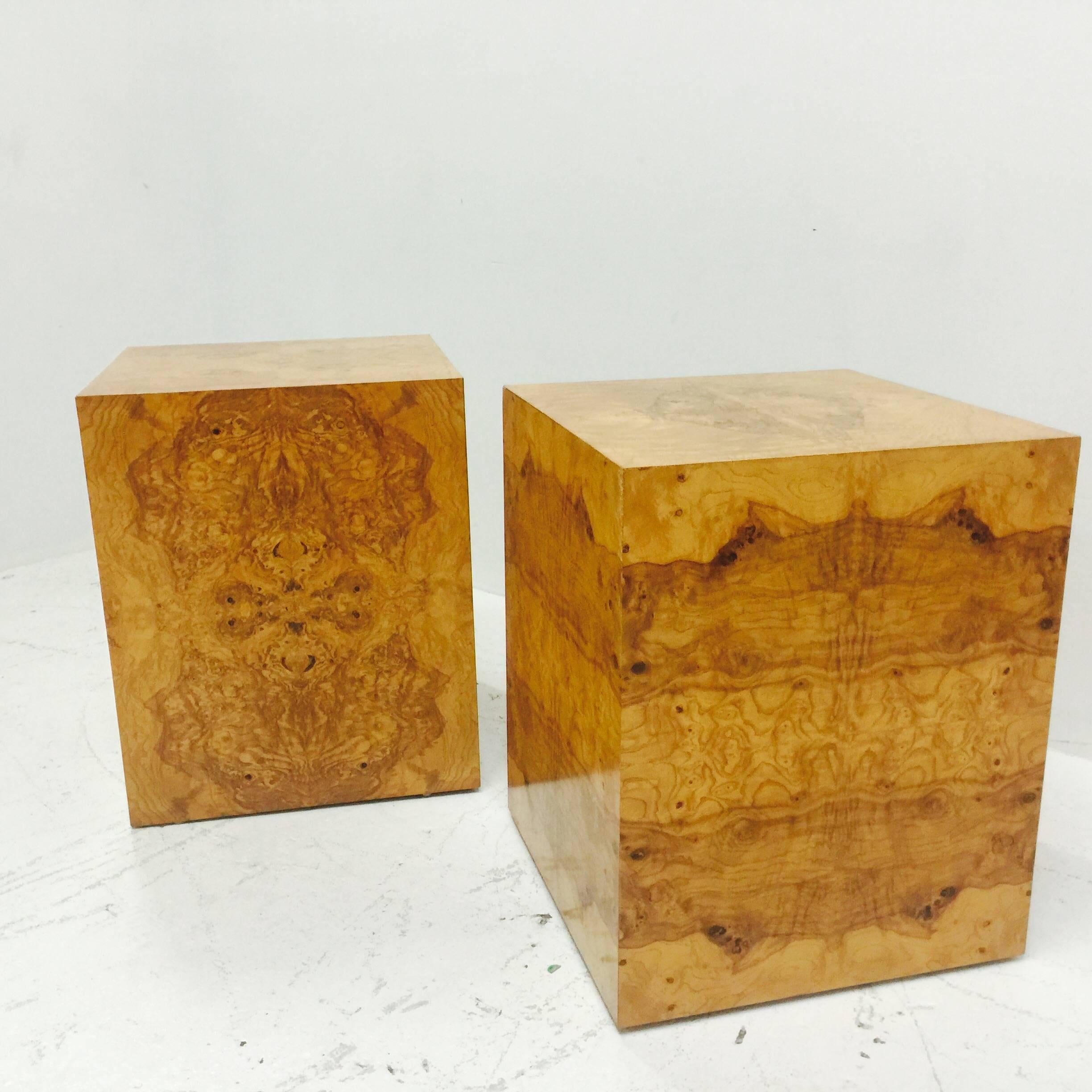 Mid-Century Modern Pair of Milo Baughman Burl Wood Cubes