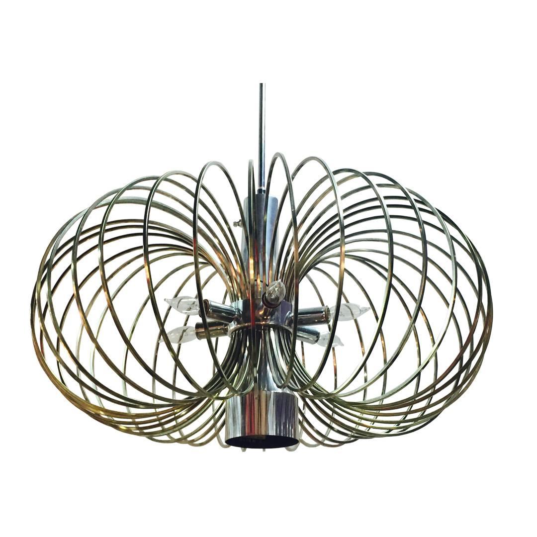 1970s MCM Brass Bird Cage Chandelier by Sciolari with Nickel Accents