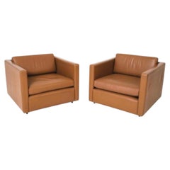 Pair of Brown Leather Cube Chairs by Charles Pfister for Knoll