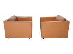 Pair of Brown Leather Cube Chairs by Charles Pfister for Knoll