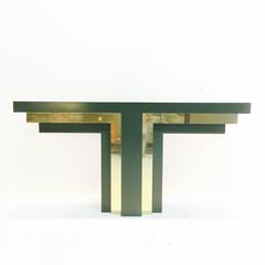 Stacked T-Shaped Teal Lacquered and Brass Console Table