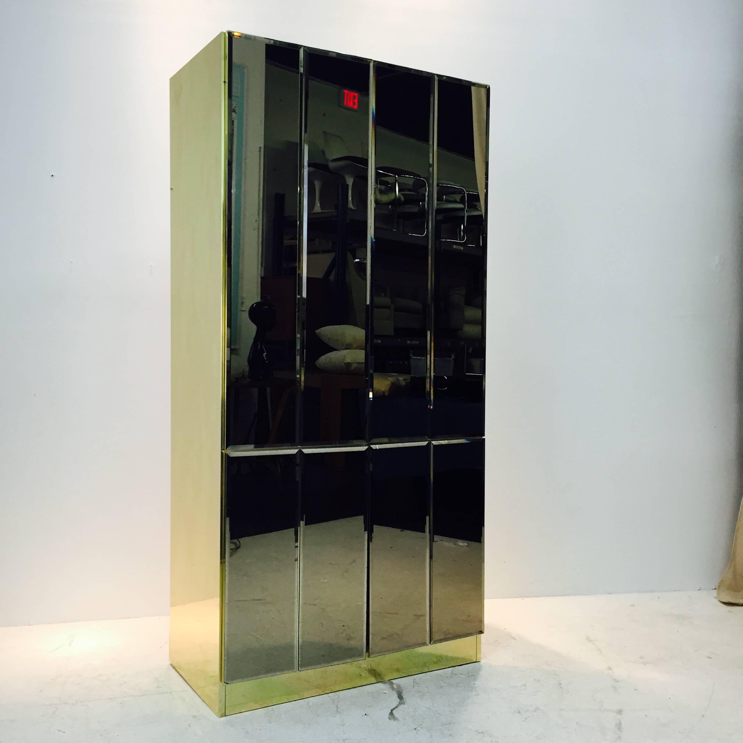 Tall Bronzed Mirror and Brass Cabinet by Ello In Good Condition In Dallas, TX