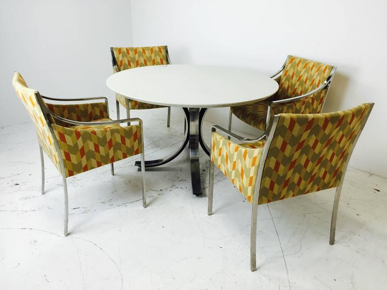 Four Legged Chrome Base Round Dining Table With White Quartz Top By Borsani