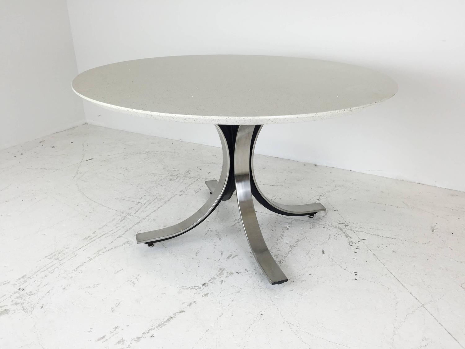 Four-Legged Chrome Base Round Dining Table with White Quartz Top by