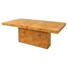 Milo Baughman Style Burl Wood Extendable Pedestal Dining Table