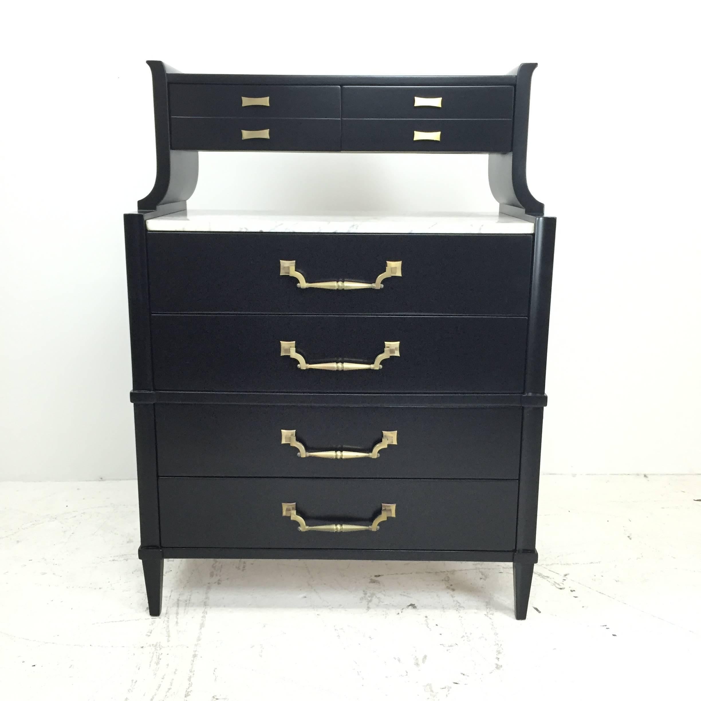Professionally restored with new black lacquer by our in house lacquer team. The large drawers also allow for generous storage. We offer fast and affordable shipping throughout the United States and internationally.

Dimensions:39