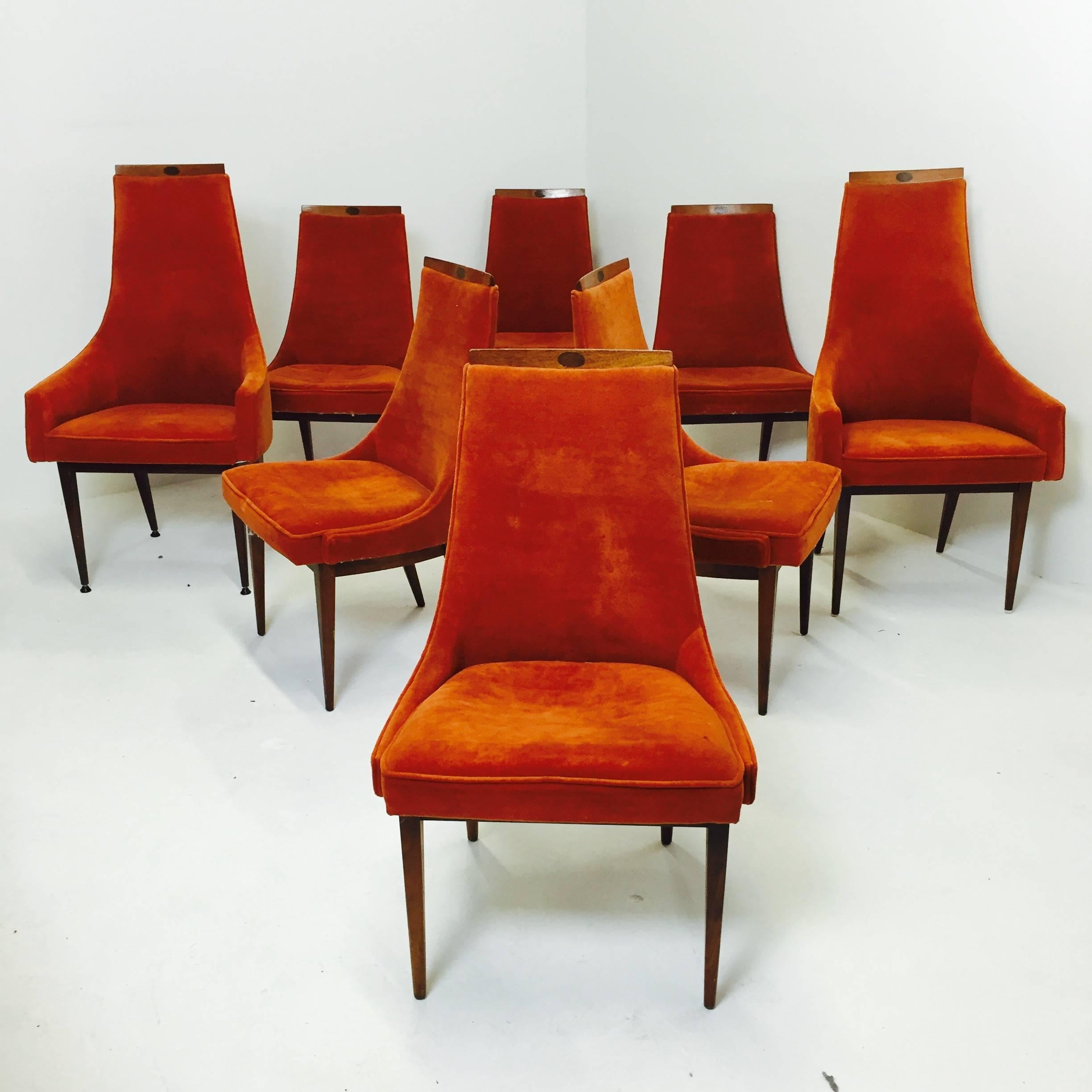 Set of eight Adrian Pearsall dining chairs in original orange vintage fabric. Needs refinishing.

Please note our separate listing for two additional armchairs.

Dimensions: 24.5