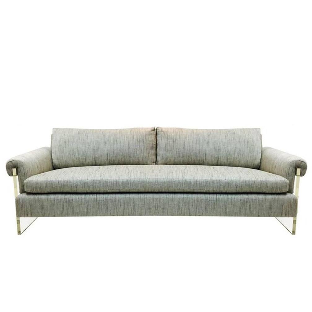 Newly Upholstered Vintage sofa with Lucite slab arms and removable arm cushions. 

Two sofa available that are upholstered in same fabric but the design of each sofa is slightly different. 

Sofa are $5500 each

Dimensions: 84