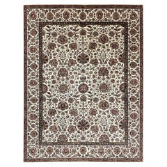 Vintage 1990s Handwoven Mughal Floral Area Rug in Ivory Wool
