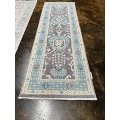 Turkish Oushak Area Rug, Handloomed Wool, Floral Motifs, Blue & Brown