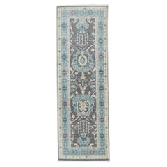 Turkish Oushak Area Rug, Handloomed Wool, Floral Motifs, Blue & Brown