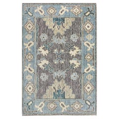 Turkish Oushak Area Rug, Handloomed Wool, Floral Design, Blue Beige
