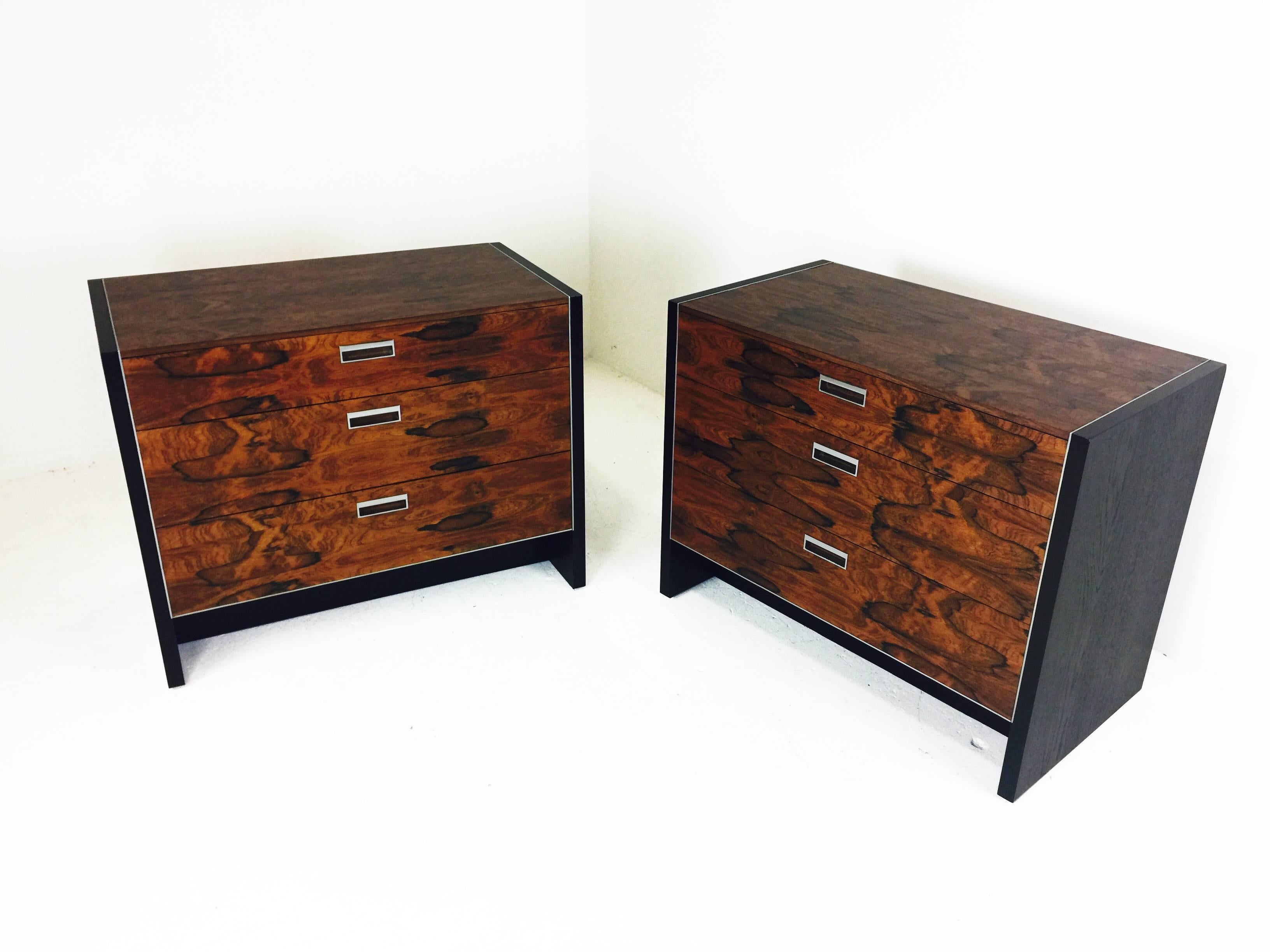 Pair of newly refinished rosewood nightstands with nickel hardware by Robert Baron for Glenn of California,
circa 1960s.

Dimensions: 36" W x 20" D x 28.5" T.
  
