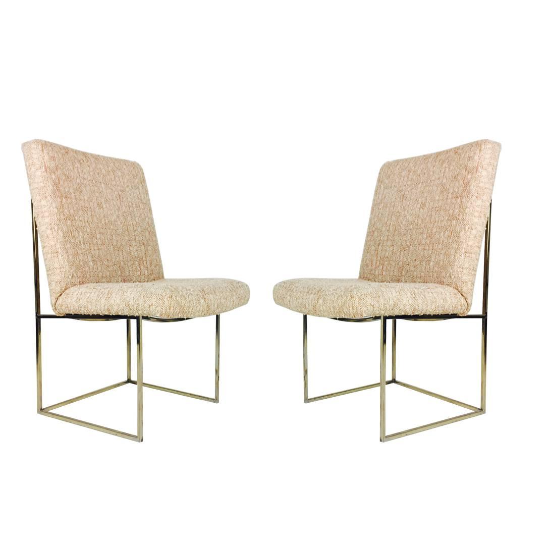 Pair of Milo Baughman Brass Dining Chairs with Original Textured Fabric