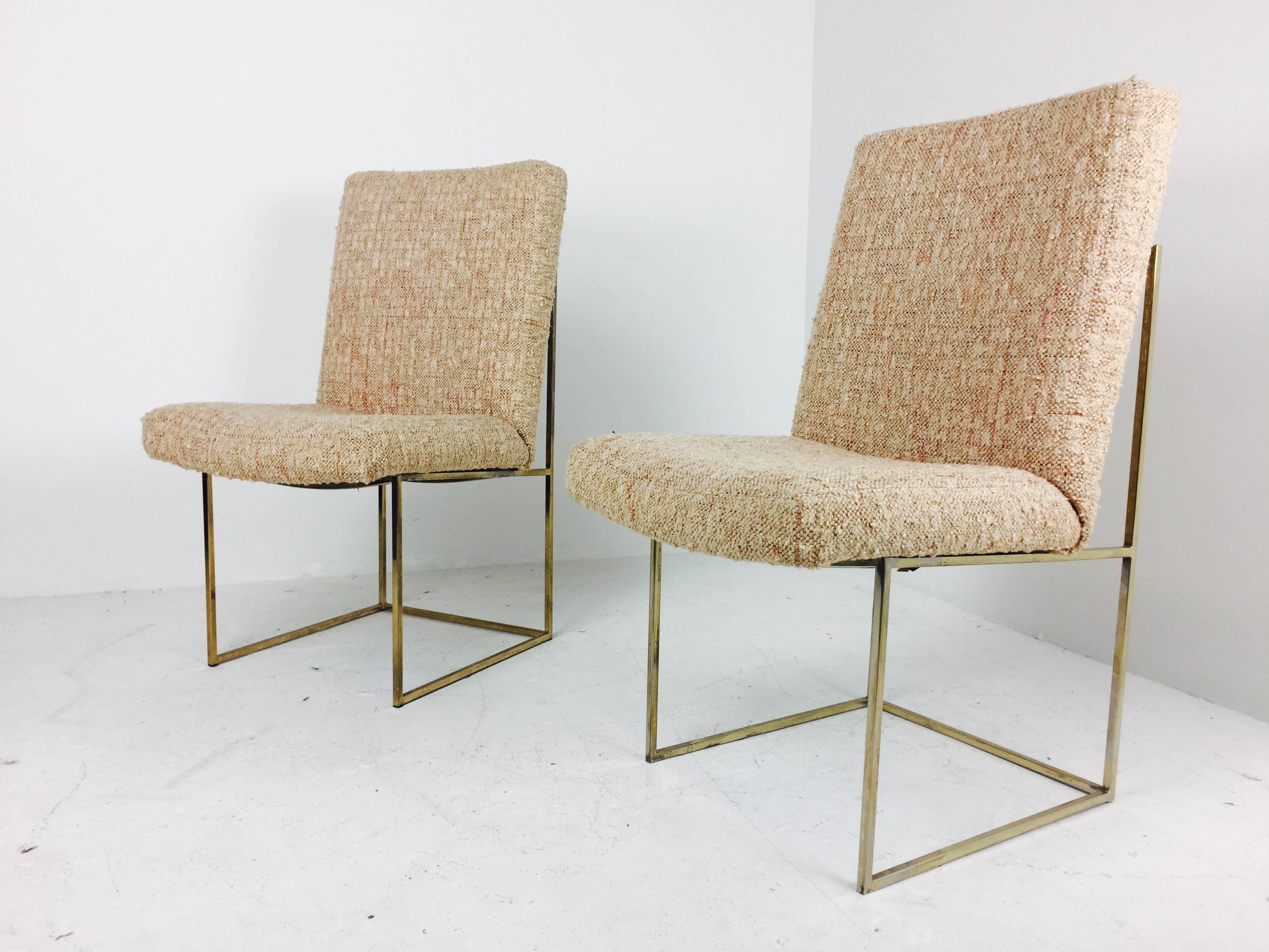 Mid-Century Modern Pair of Milo Baughman Brass Dining Chairs with Original Textured Fabric