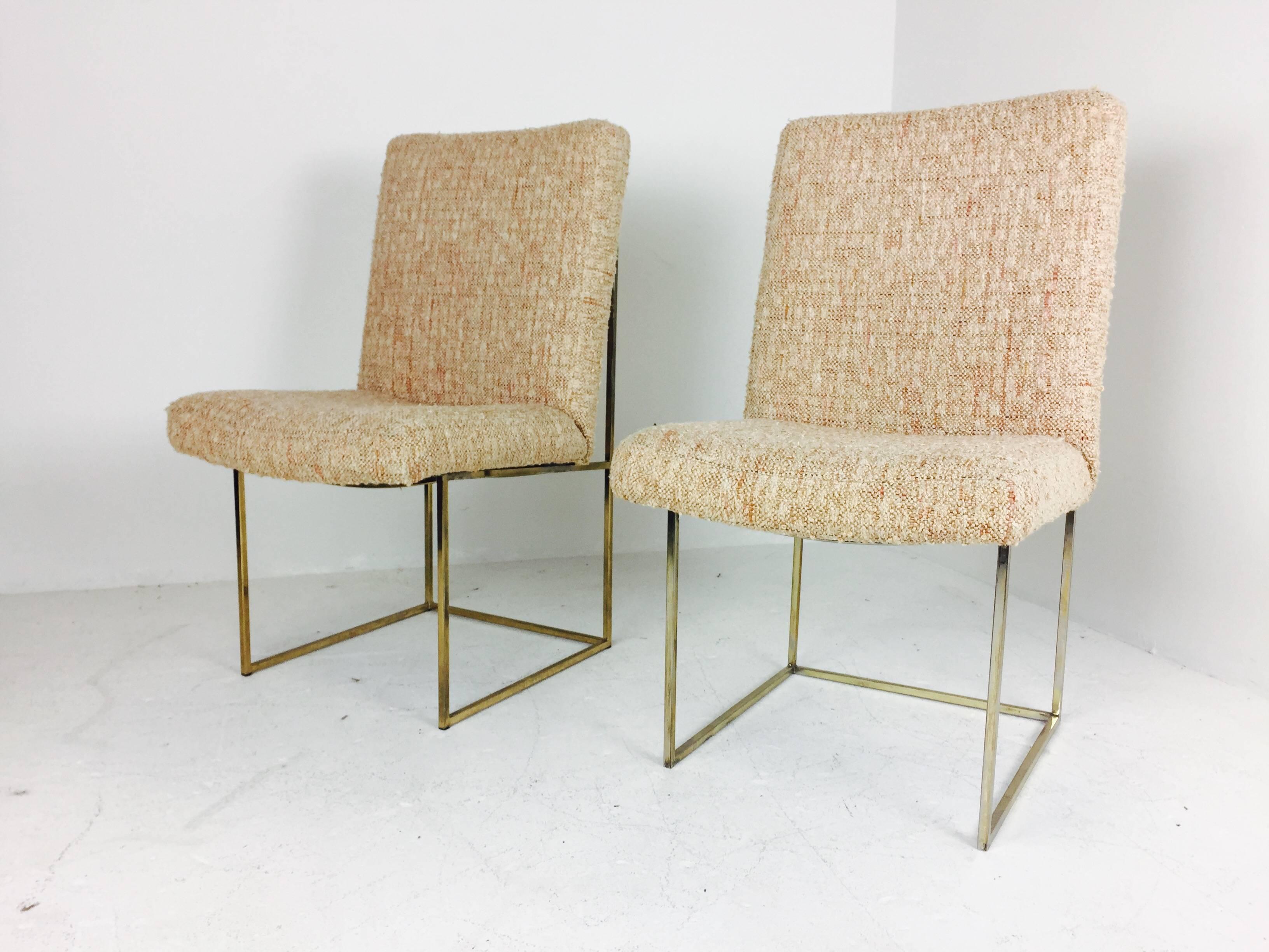Pair of Milo Baughman Brass Dining Chairs with Original Textured Fabric In Good Condition In Dallas, TX