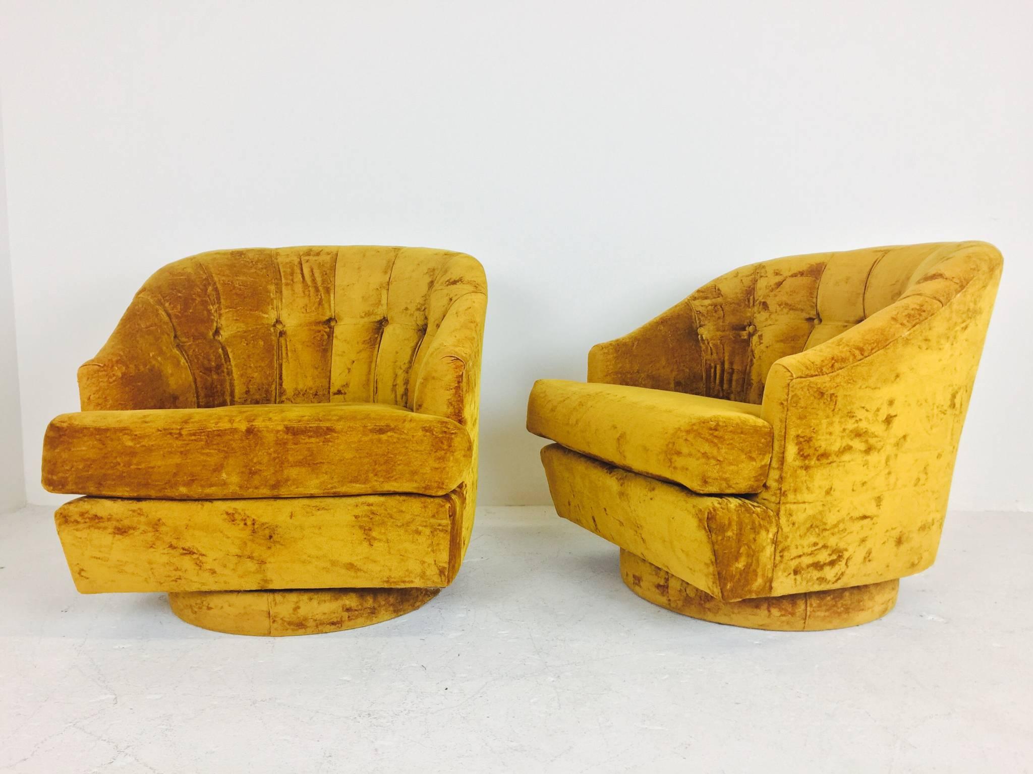 Vintage gold velvet swivel chairs by Directional with original tags. Chairs are in excellent vintage condition but refinishing is recommended.

Dimensions: 28" W x 31" D x 28" T, 
seat height 17".