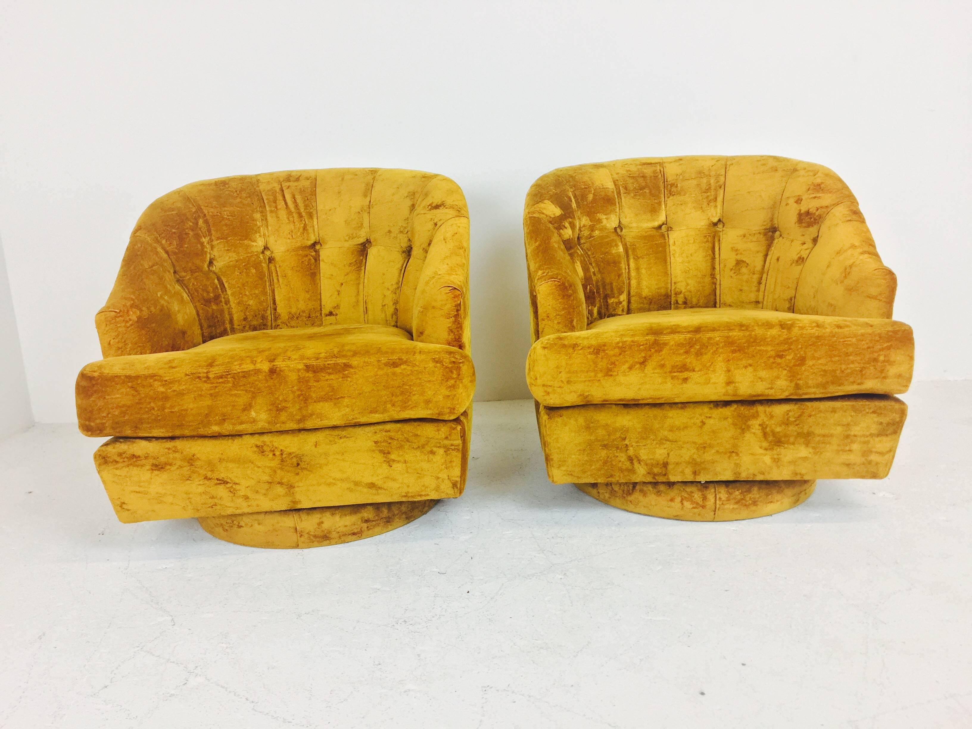Mid-Century Modern Vintage Gold Velvet Swivel Chairs by Directional