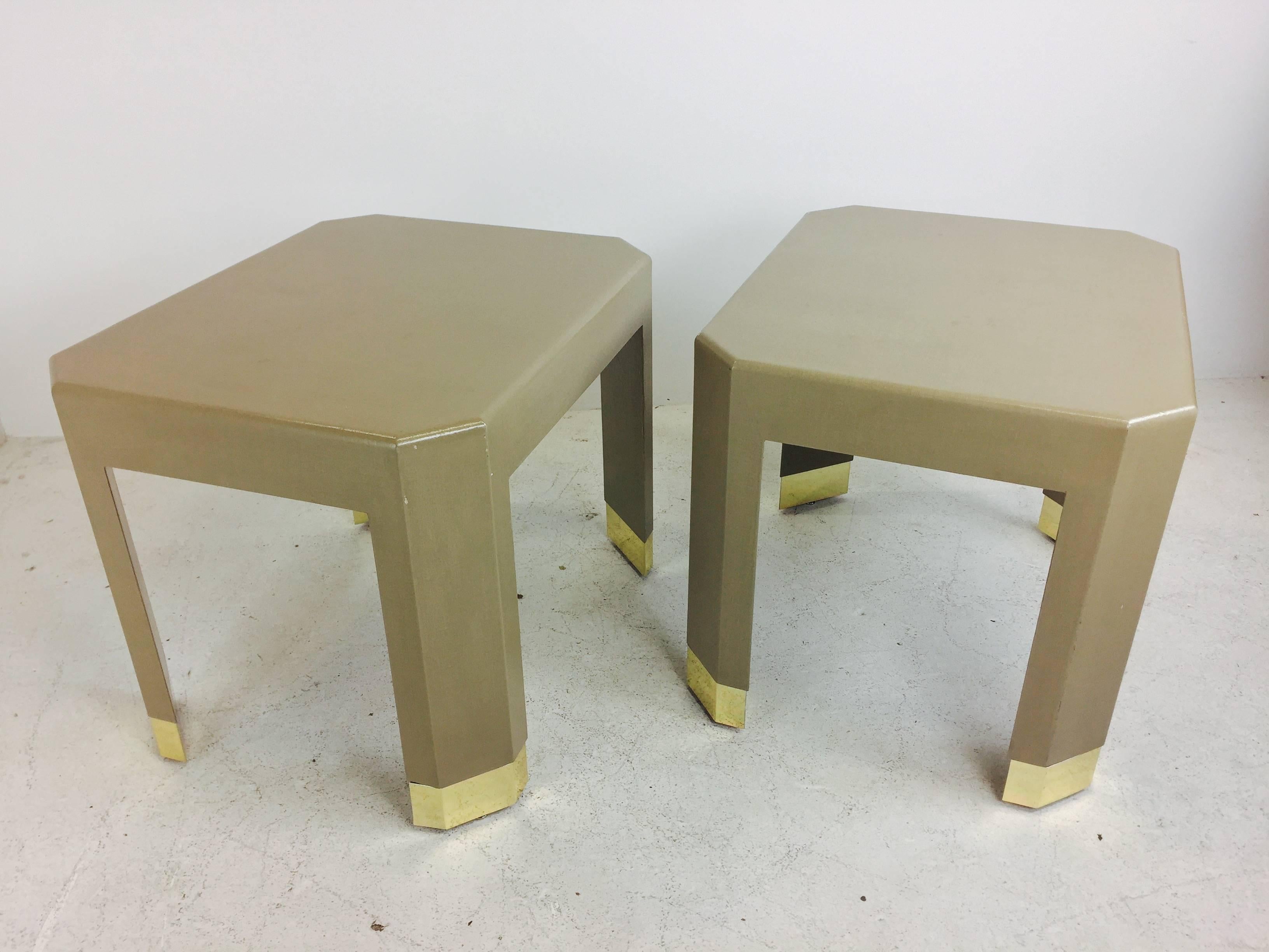 Plated Pair Raffia Side Tables by Harrison Van-Horn Style of Karl Springer