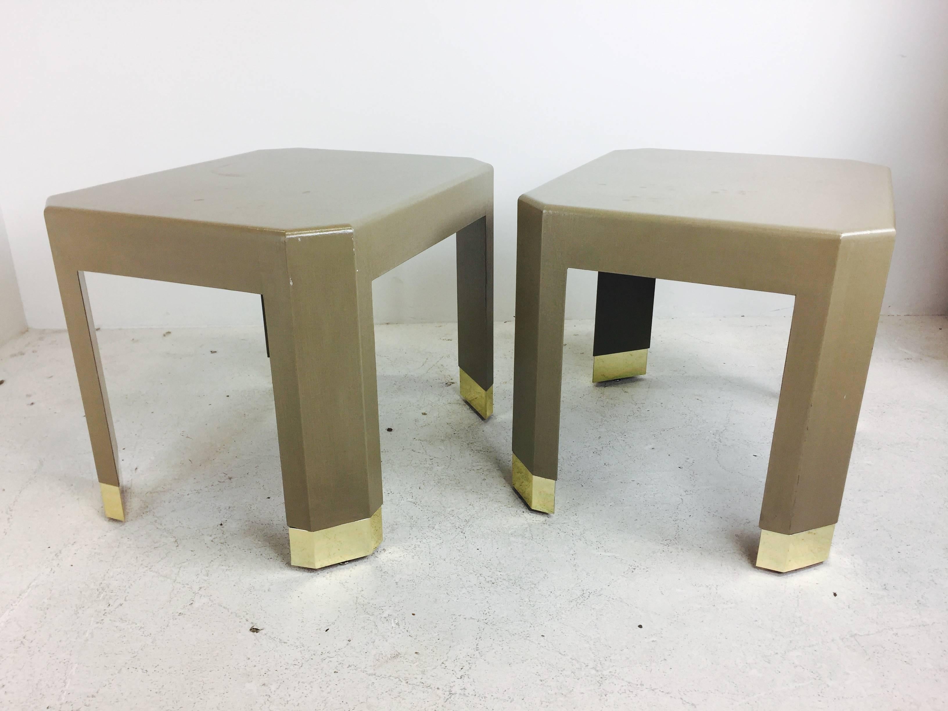 Mid-Century Modern Pair Raffia Side Tables by Harrison Van-Horn Style of Karl Springer