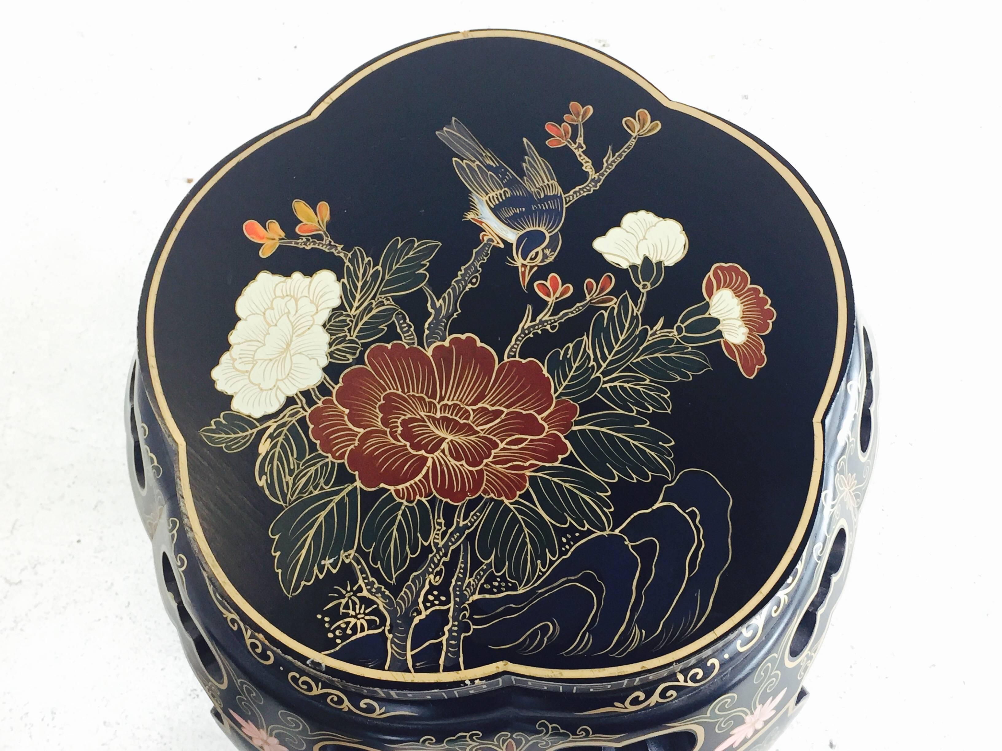 Pair of lacquered Asian garden stools with glass top. Ornately painted with gold accents. Perfect side table or stool.

Dimensions: 17" diameter x 17.5" tall.