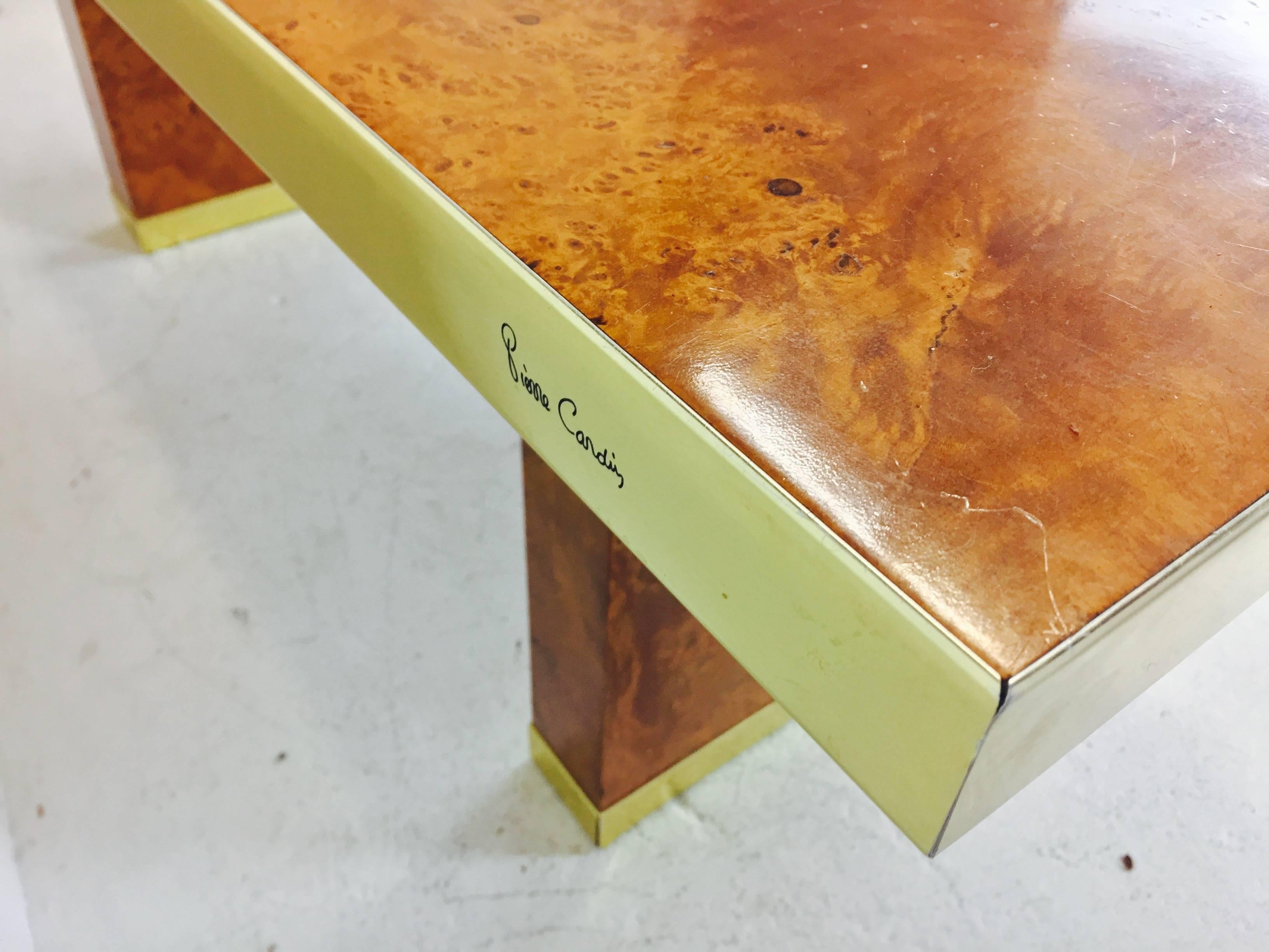 Burl Wood and Brass Dining Table by Pierre Cardin In Good Condition In Dallas, TX