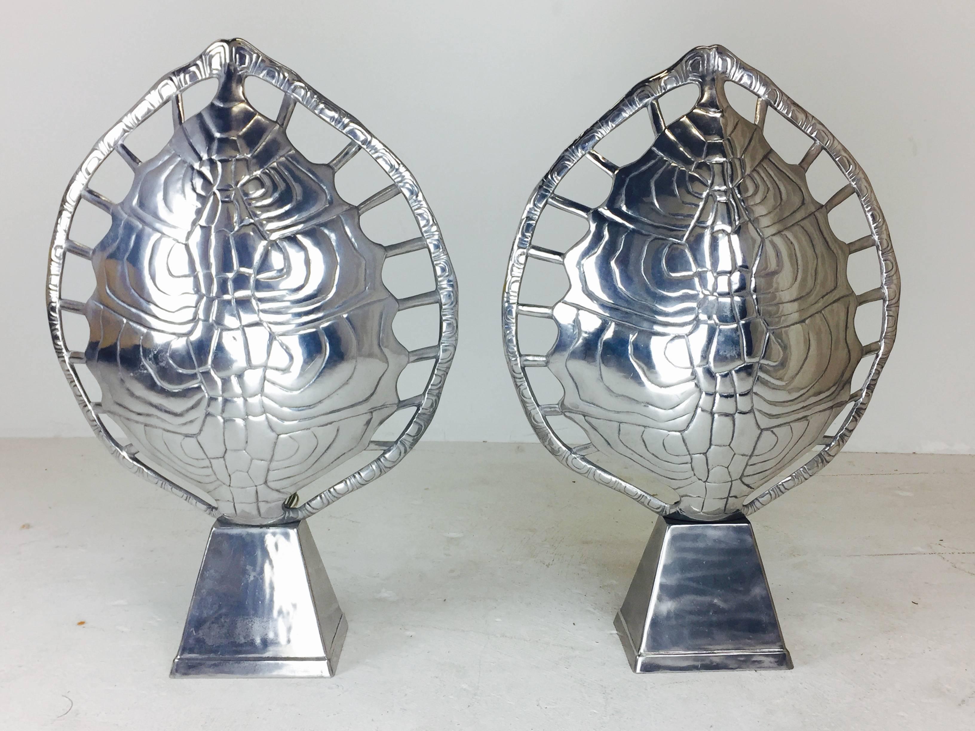 Mid-Century Modern Pair of Cast Aluminum Tortoise Shell Lamps by Arthur Court