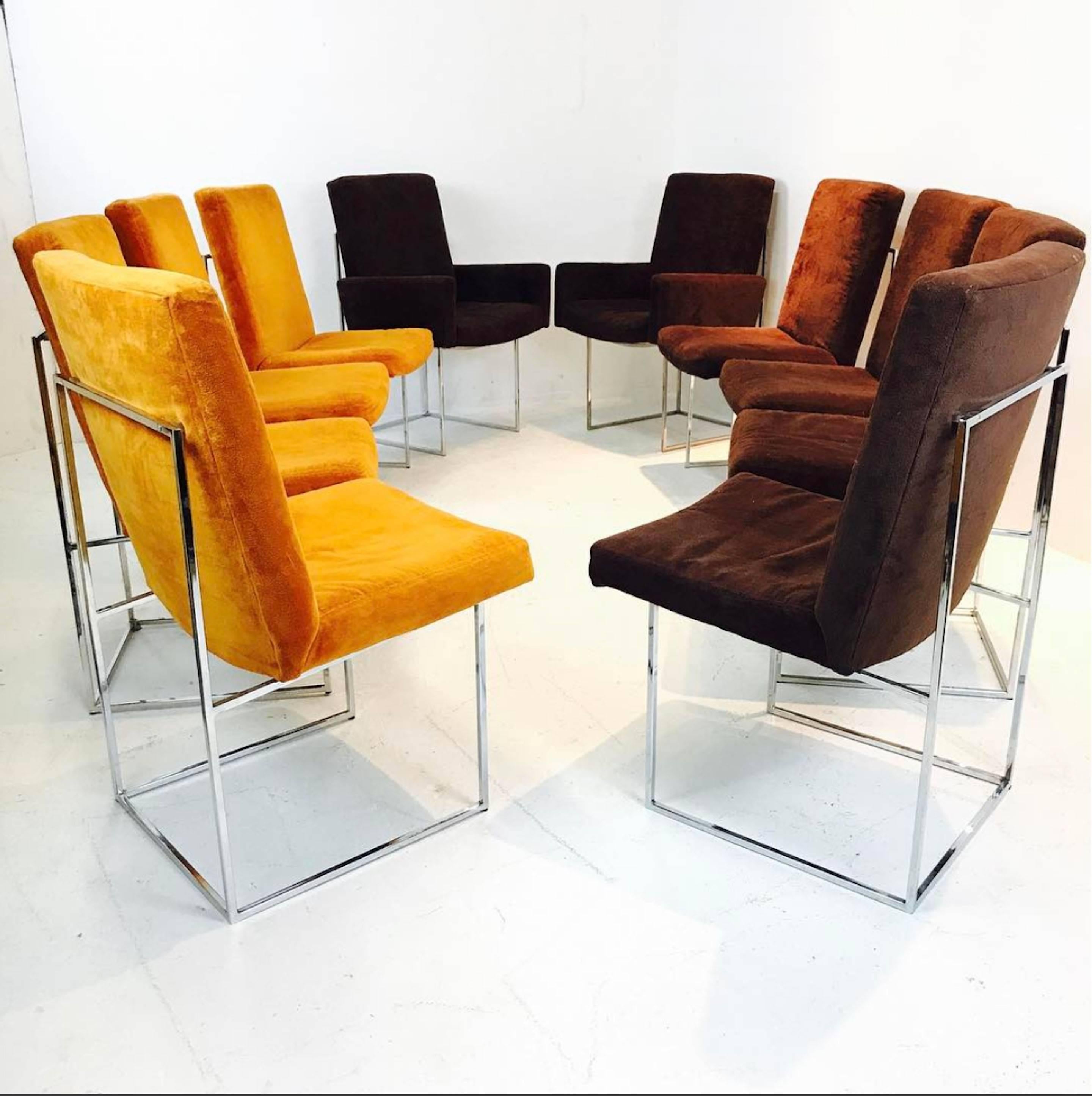 Set of ten Milo Baughman brown and orange velvet and chrome dining chairs. There are two are chairs and six side chairs. Chrome is in excellent vintage condition. New upholstery is recommended.

Dimensions: 20"W x 23"D x 36.5"T.
Seat