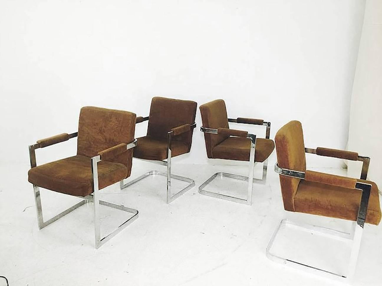 Mid-Century Modern Set of Four Brown Velvet Milo Baughman Chrome Cantilever Dining Chairs