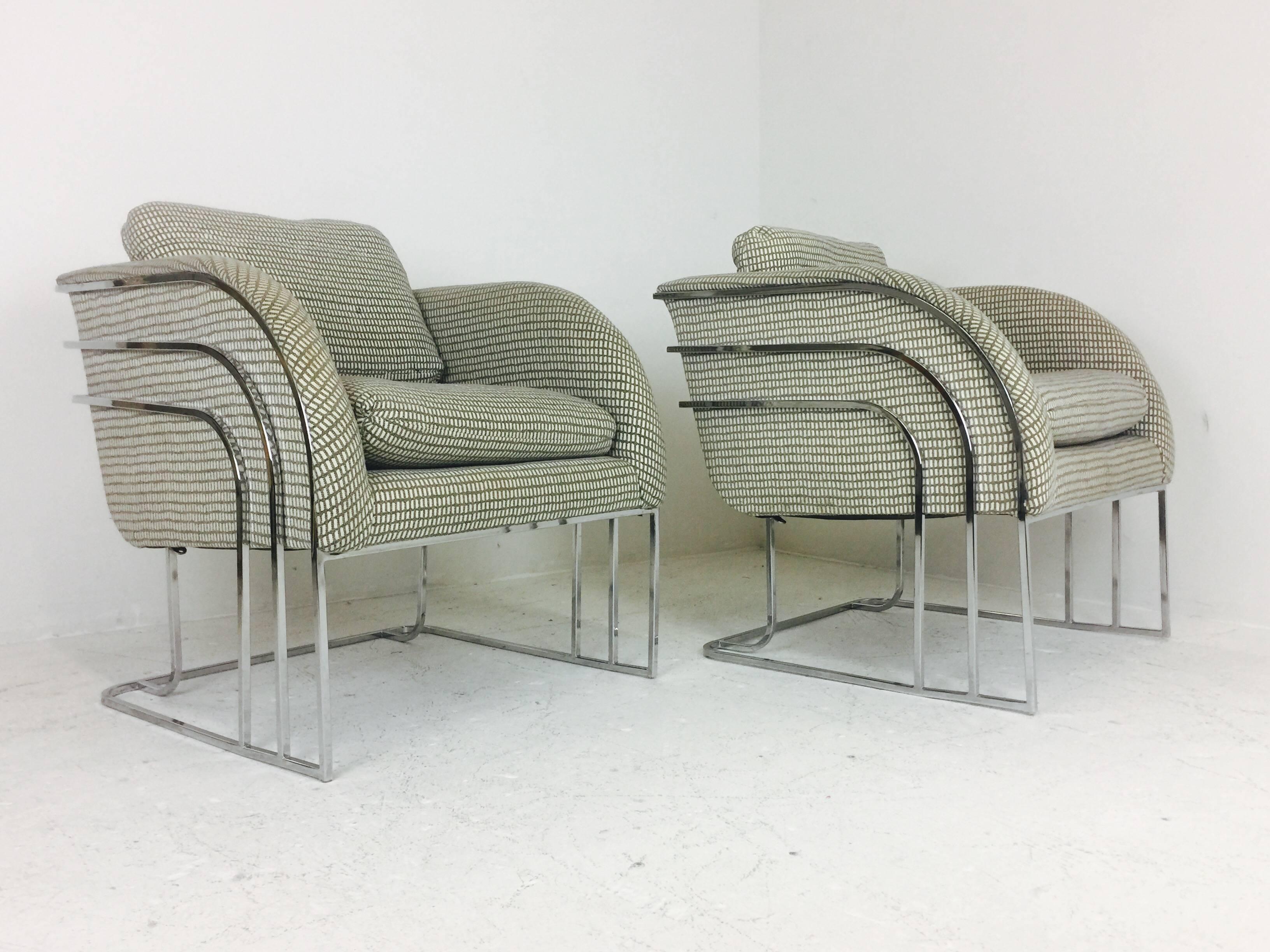 Upholstery Pair of Deco Style Chrome Chairs by Milo Baughman
