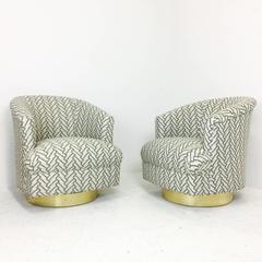 Pair of Elegant Swivel Chairs in a Black & White Herringbone & Bronze Plinths
