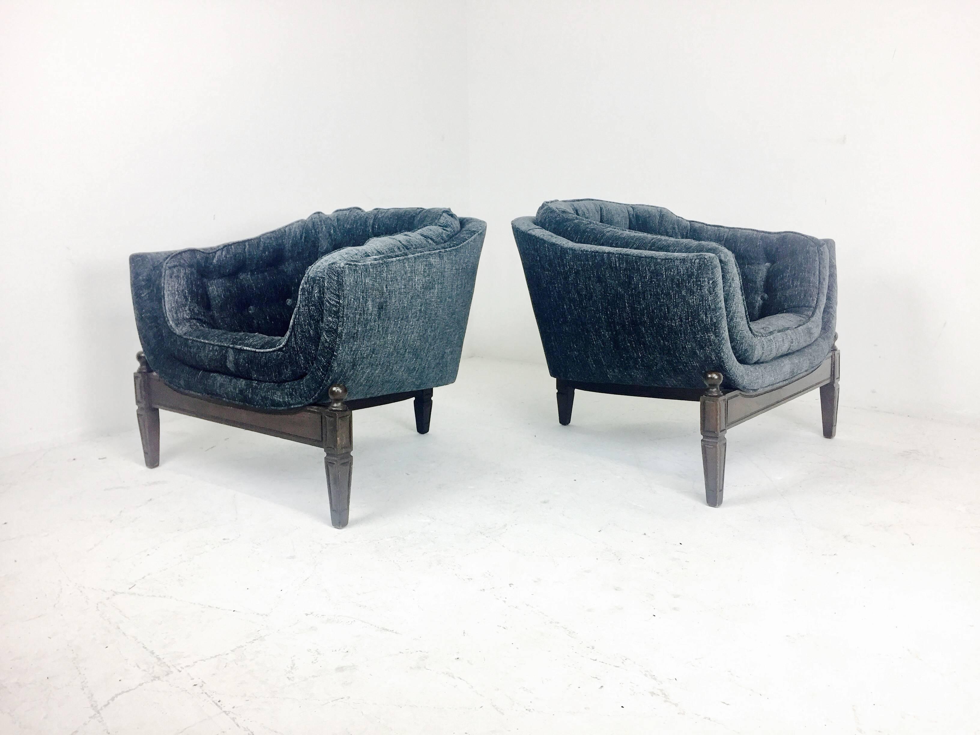 Pair of low tufted three legged lounge chairs in the style of Adrain Pearsall. Newly upholstered, circa 1960s.

Dimensions: 29" W x 30" D x 25" T.
seat height 15".