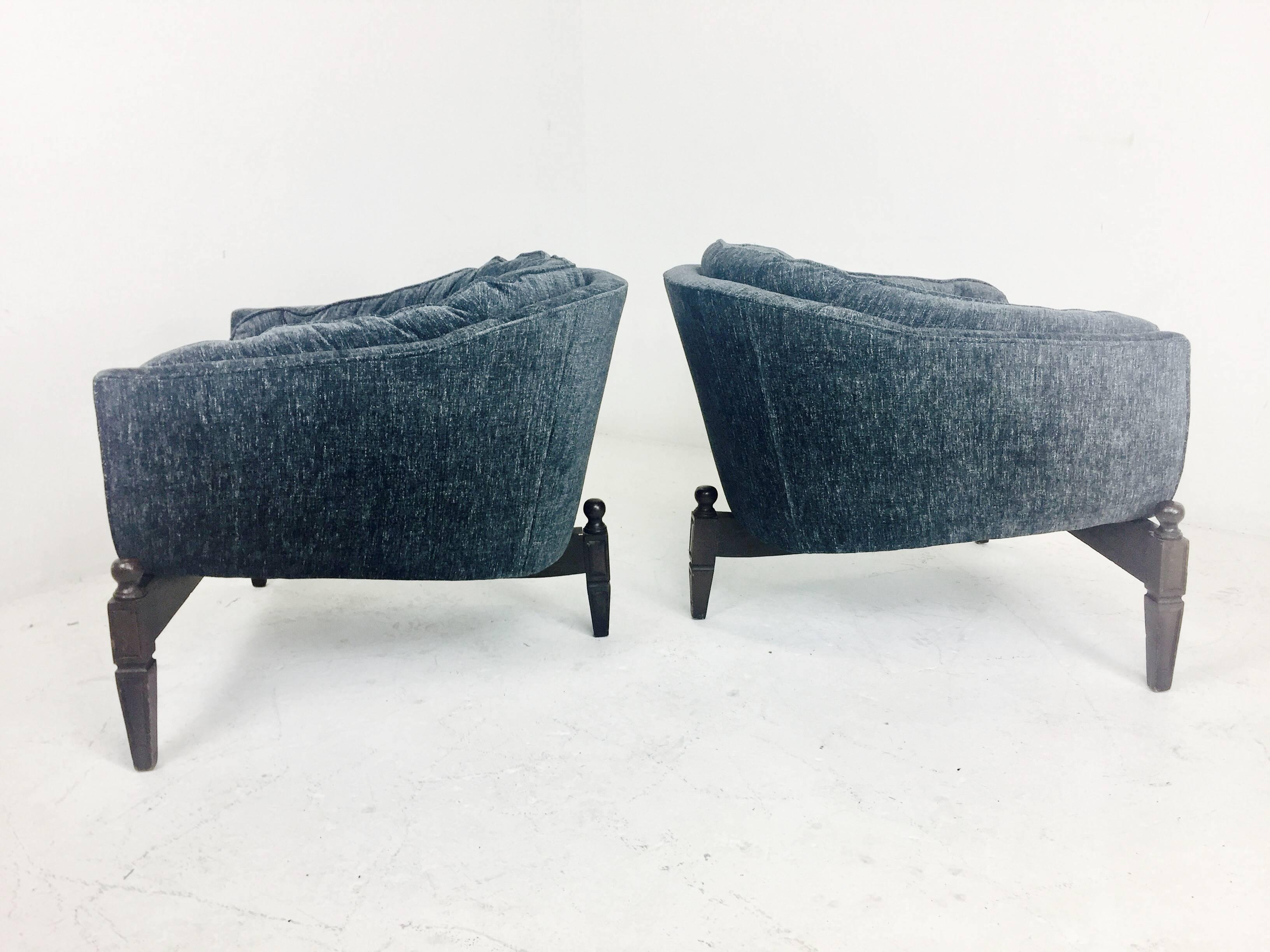 Mid-Century Modern Pair of Low Tufted Three Legged Lounge Chairs in the Style of Adrain Pearsall