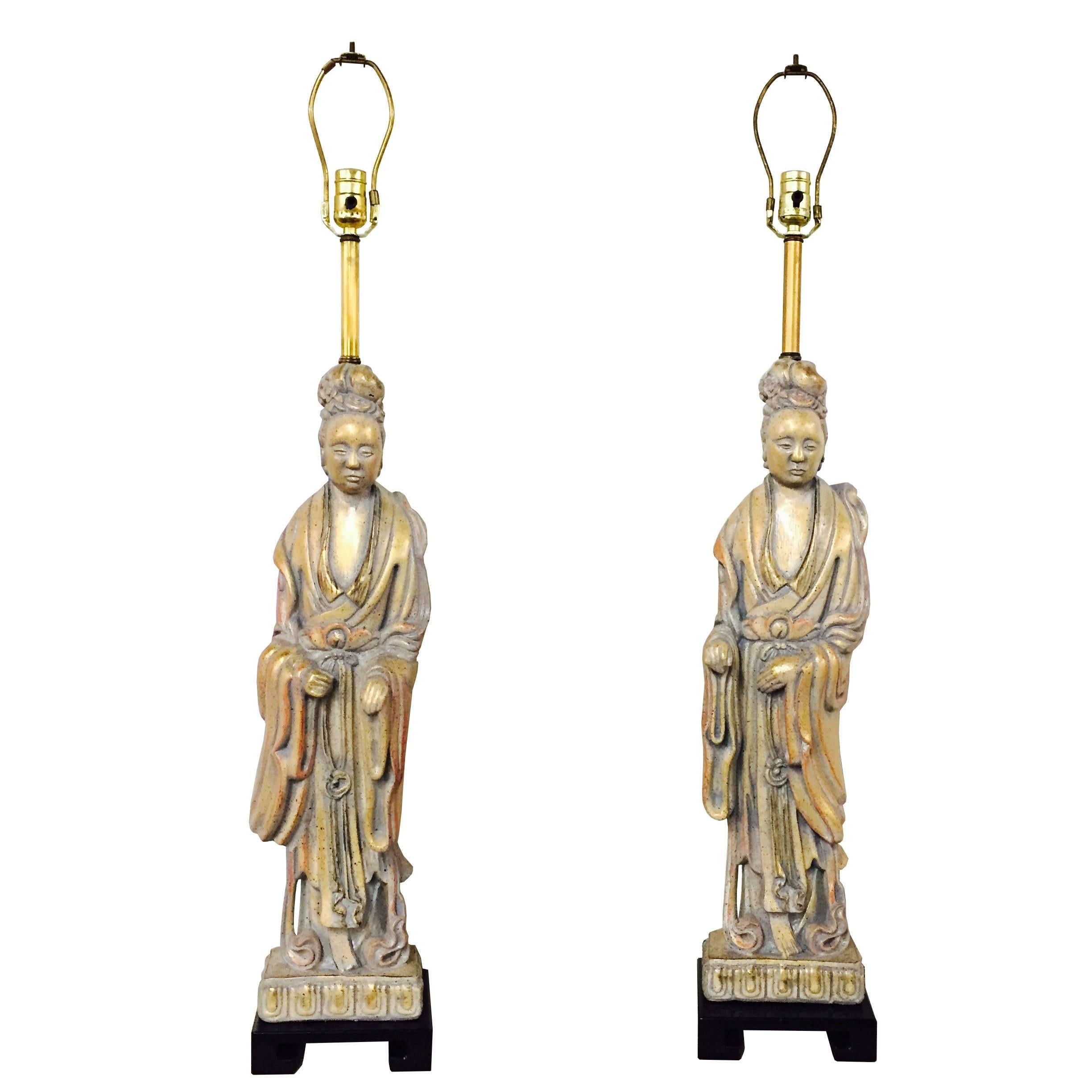 Pair of 1940s Quan Yin table lamps by Frederick Cooper.

Dimensions: 7.5" W x 6.5" D x 36" T (top of socket).

Shades not included.
   